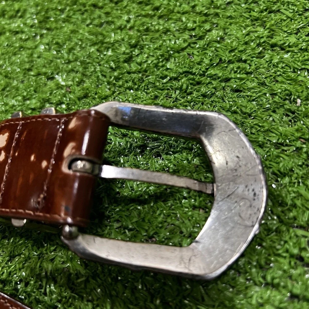 Vintage‎ BRIGHTON Belt Women's SM Brown LEATHER 90s SILVER Brass Buckle 27